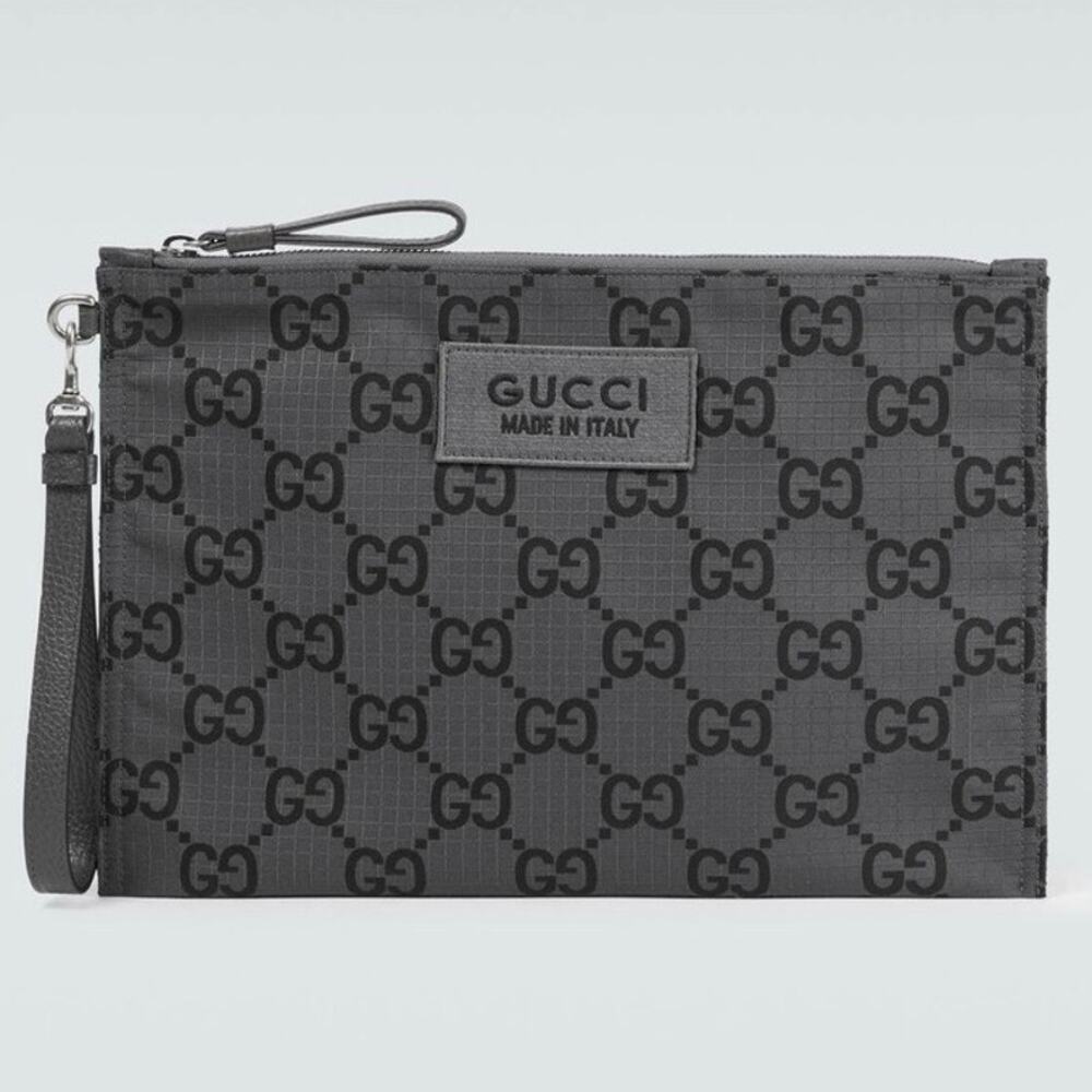 Gucci GG Monogram Supreme Ripstop Pouch grey technical material with wrist strap